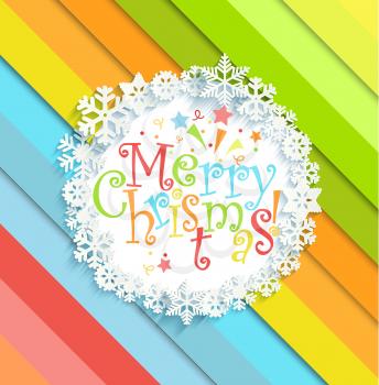 Merry Christmas message in the frame with snowflakes on a bright colorful background, vector illustration.