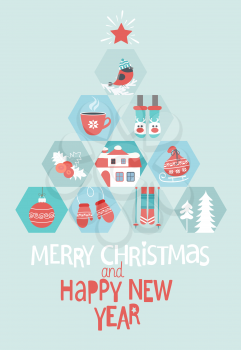Christmas Greeting Card. Merry Christmas and Happy New year lettering. Abstract new year tree. Winter icons set. Vector illustration.