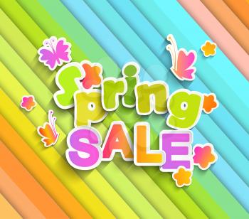 Inscription Spring sale with butterfly and flowers and spring colour paper background. Vector Illustration eps10.