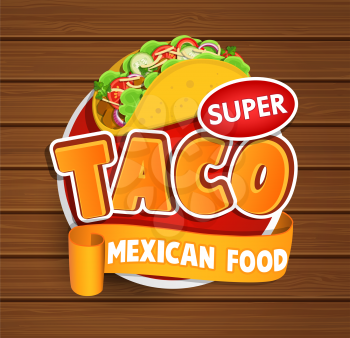 Taco mexican food logo and food label or sticker. Concept of mexican food, traditional product design for shops, markets.Vector illustration.
