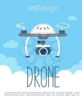 Concept of the flying drone with the camera on the city background. Vector illustration.