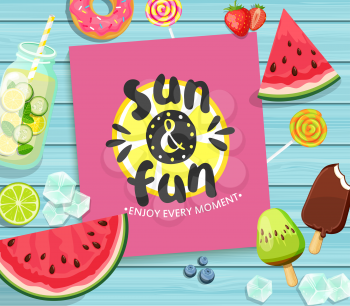 Summer card on blue wooden background with lemon, watermelon, detox, ice, donut, ice cream, lime and candy. Vector Illustration.