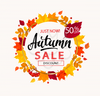 Bright autumn sale banner in circle frame from autumn leaves. Vector illustration.