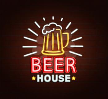Neon sign of beer house, bright signboard, light banner. Beer house logo, emblem and symbol. Vector illustration.