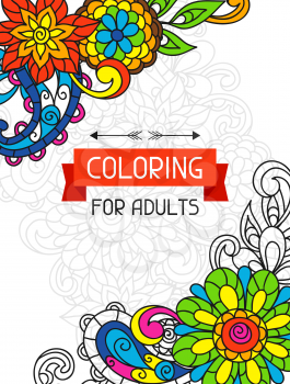 Adult coloring book design for cover. Illustration of trend item to relieve stress and creativity.