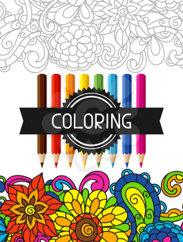 Adult coloring book design for cover. Illustration of trend item to relieve stress and creativity.
