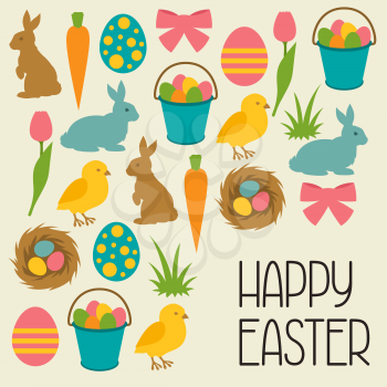 Happy Easter greeting card with decorative objects. Concept can be used for holiday invitations and posters.