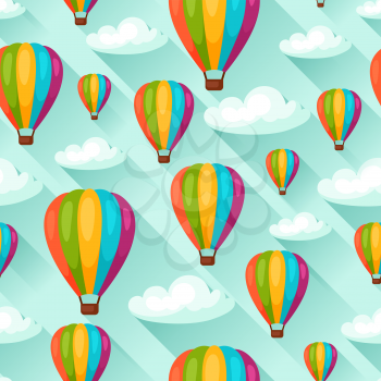 Seamless travel pattern with hot air balloons. Background made without clipping mask. Easy to use for backdrop, textile, wrapping paper.