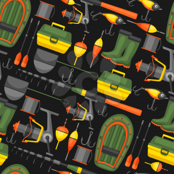 Seamless pattern with fishing supplies. Background made without clipping mask. Easy to use for backdrop, textile, wrapping paper.