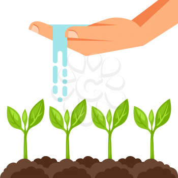 Illustration of watering plants from hand. Image for advertising booklets, banners, flayers and articles.