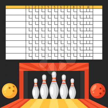 Bowling score sheet. Blank template scoreboard with game objects.