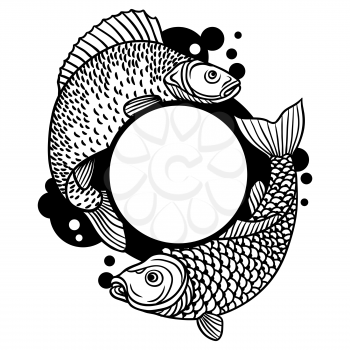 Circle frame with decorative fish. Image for design on t-shirts, prints, decorations brochures and websites.