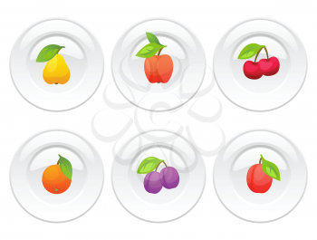 Background design with plates and stylized fresh ripe fruits.