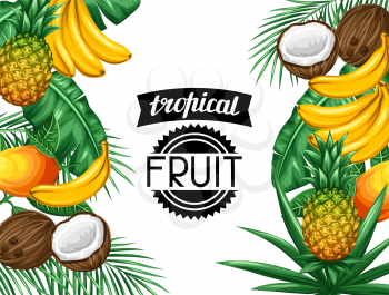 Background with tropical fruits and leaves. Design for advertising booklets, labels, packaging, menu.