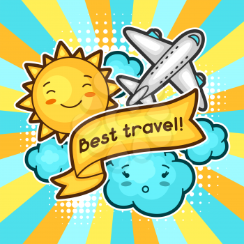 Cute travel background with kawaii doodles. Summer collection of cheerful cartoon characters sun, airplane, cloud and decorative objects.