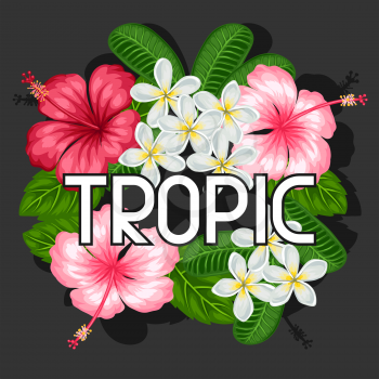 Background with tropical flowers hibiscus and plumeria. Image for design on t-shirts, prints, invitations, greeting cards, posters.