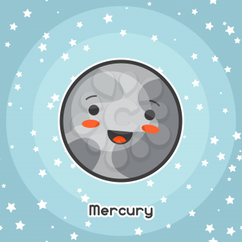 Kawaii space card. Doodle with pretty facial expression. Illustration of cartoon mercury in starry sky.
