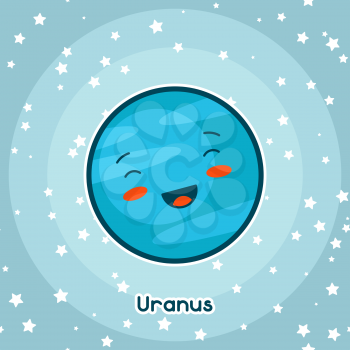 Kawaii space card. Doodle with pretty facial expression. Illustration of cartoon uranus in starry sky.