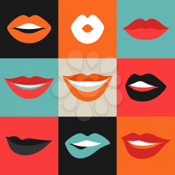 Female lips set. Mouths with red lipstick in variety of expressions. Objects for decoration, design on advertising booklets, banners, flayers.