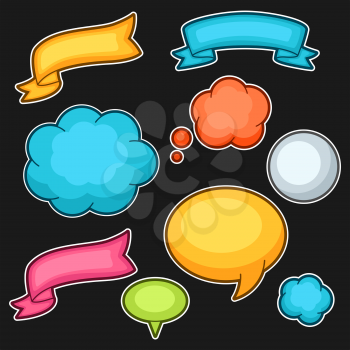 Set of cartoon speech bubbles ribbons and clouds.