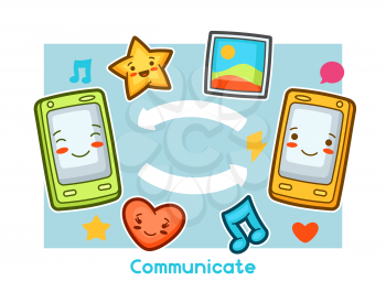 Kawaii gadgets communication funny card. Doodles with pretty facial expression.