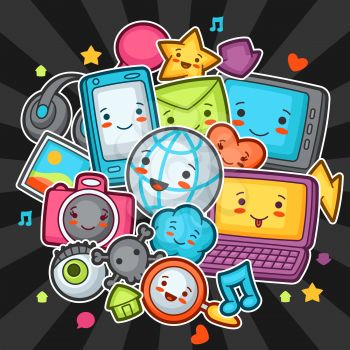 Kawaii gadgets social network items. Doodles with pretty facial expression. Illustration of phone, tablet, globe, camera, laptop, headphones and other.