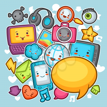 Kawaii gadgets social network background. Doodles with pretty facial expression. Illustration of phone, tablet, globe, camera, laptop, headphones and other.