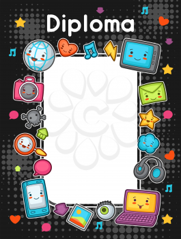 Kawaii gadgets social network diploma. Doodles with pretty facial expression. Illustration of phone, tablet, globe, camera, laptop, headphones and other.