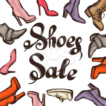 Background with lettering sale shoes. Hand drawn illustration female footwear, boots and stiletto heels.