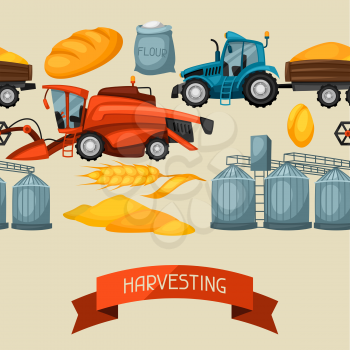 Agricultural seamless pattern with harvesting items. Combine harvester, tractor and granary.