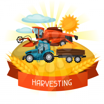 Combine harvester and tractor on wheat field. Agricultural illustration farm rural landscape.