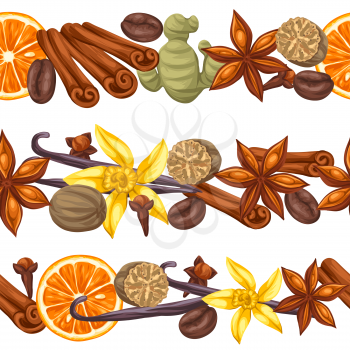 Seamless borders with various spices. Illustration of anise, cloves, vanilla, ginger and cinnamon.