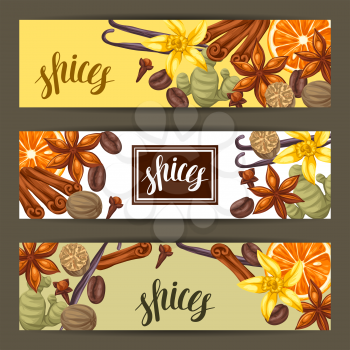 Banners design with various spices. Illustration of anise, cloves, vanilla, ginger and cinnamon.