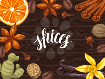 Background design with various spices. Illustration of anise, cloves, vanilla, ginger and cinnamon.