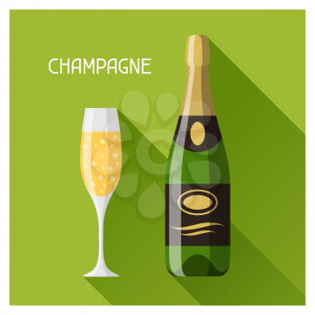 Bottle and glass of champagne in flat design style.