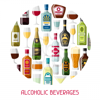 Alcohol drinks background design. Bottles, glasses for restaurants and bars.