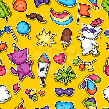 Carnival party kawaii seamless pattern. Cute sticker cats, decorations for celebration, objects and symbols.