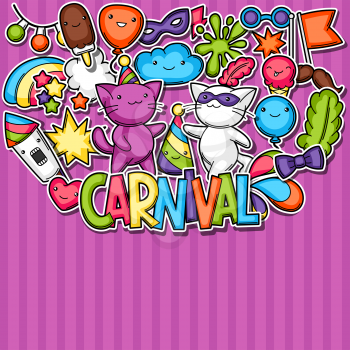Carnival party kawaii background. Cute sticker cats, decorations for celebration, objects and symbols.