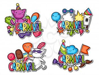 Carnival party kawaii sticker set. Cute cats, decorations for celebration, objects and symbols.