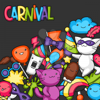 Carnival party kawaii background. Cute cats, decorations for celebration, objects and symbols.