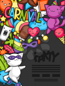 Carnival party kawaii flayer. Cute cats, decorations for celebration, objects and symbols.