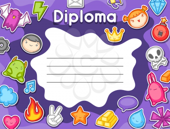 Game kawaii diploma. Cute gaming design elements, objects and symbols.