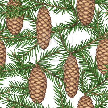 Seamless pattern with fir branches and cones. Detailed vintage illustration.
