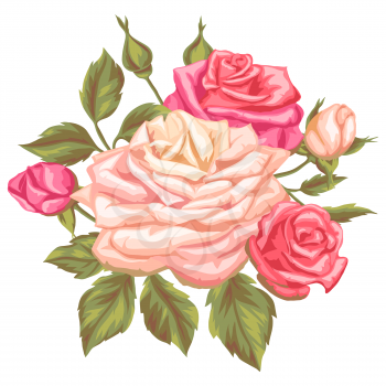 Floral element with vintage roses. Decorative retro flowers. Image for wedding invitations, romantic cards, booklets.