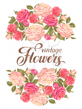 Invitation card with vintage roses. Decorative retro flowers. Image for wedding invitations, romantic cards, posters.