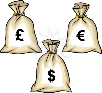 Money bags with dollars euro and pound. Vector.