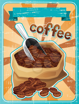 Poster with a bag of coffee beans in retro style.