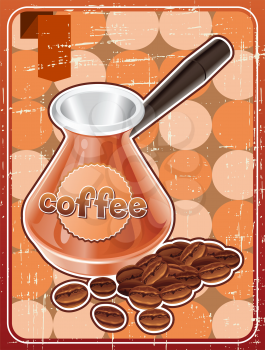 Poster with metal turk and coffee beans in retro style.
