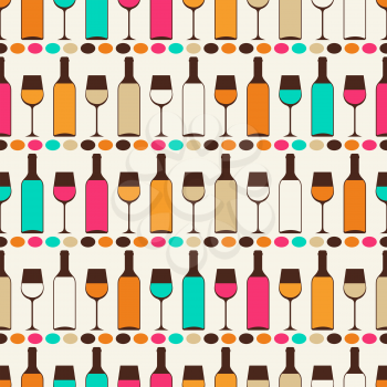 Seamless retro pattern with bottles of wine and glasses.