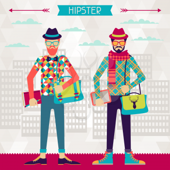 Two hipsters on urban background in retro style.
